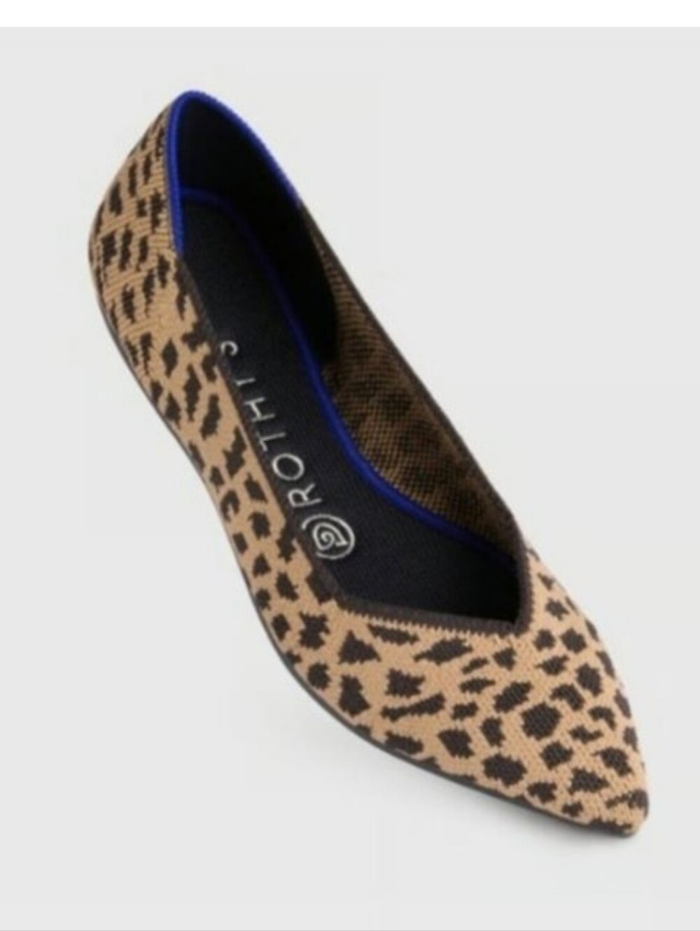 Rothy's Leopard-Print Pointed Flats in Tan and Black with Blue Trim